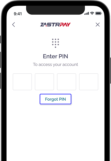 Zastrpay PIN entry with 'Forgot PIN' link