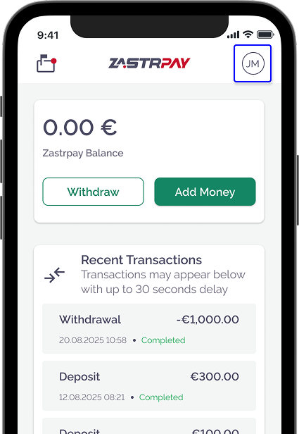 Zastrpay home screen with profile icon in top right corner